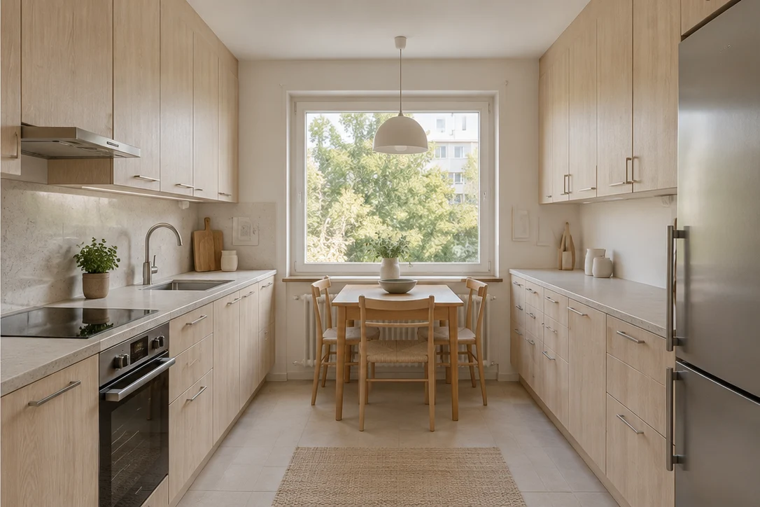 Concept kitchen with oak cabinetry and pale stone worktops, retaining the original layout.