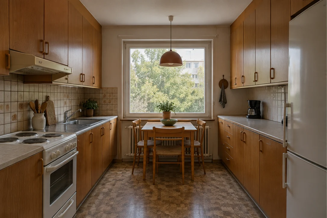 Illustrative kitchen with dated cabinetry and worktops.