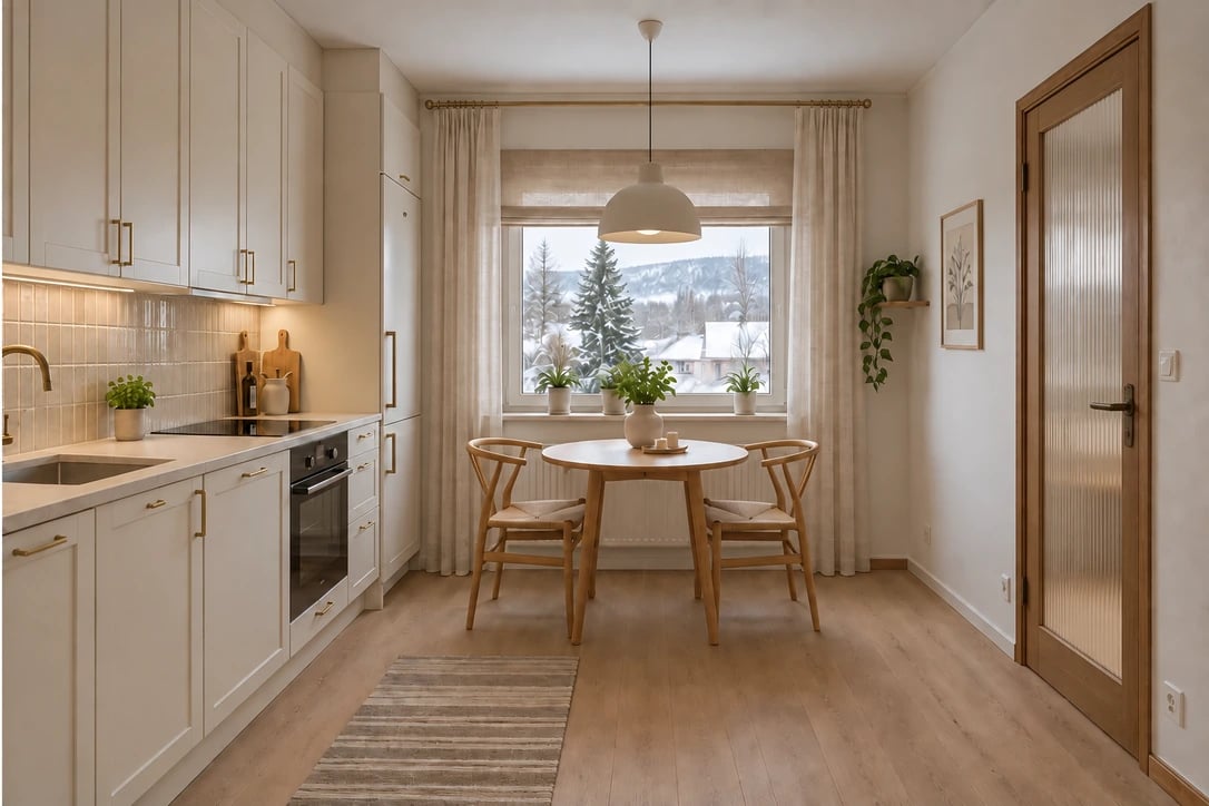 The exact same room and camera angle, fully renovated with integrated appliances, warm handmade tiles, linen curtains and a new oak door with reeded glass.