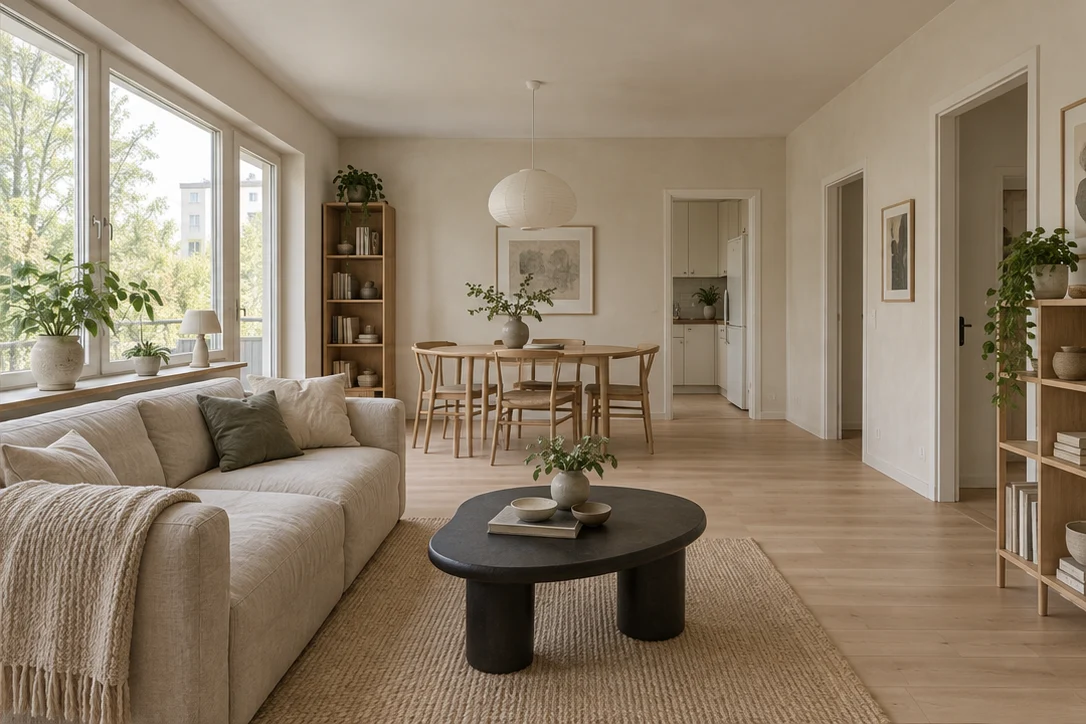 Concept for the same living room with warm neutral finishes, oak and considered furniture.
