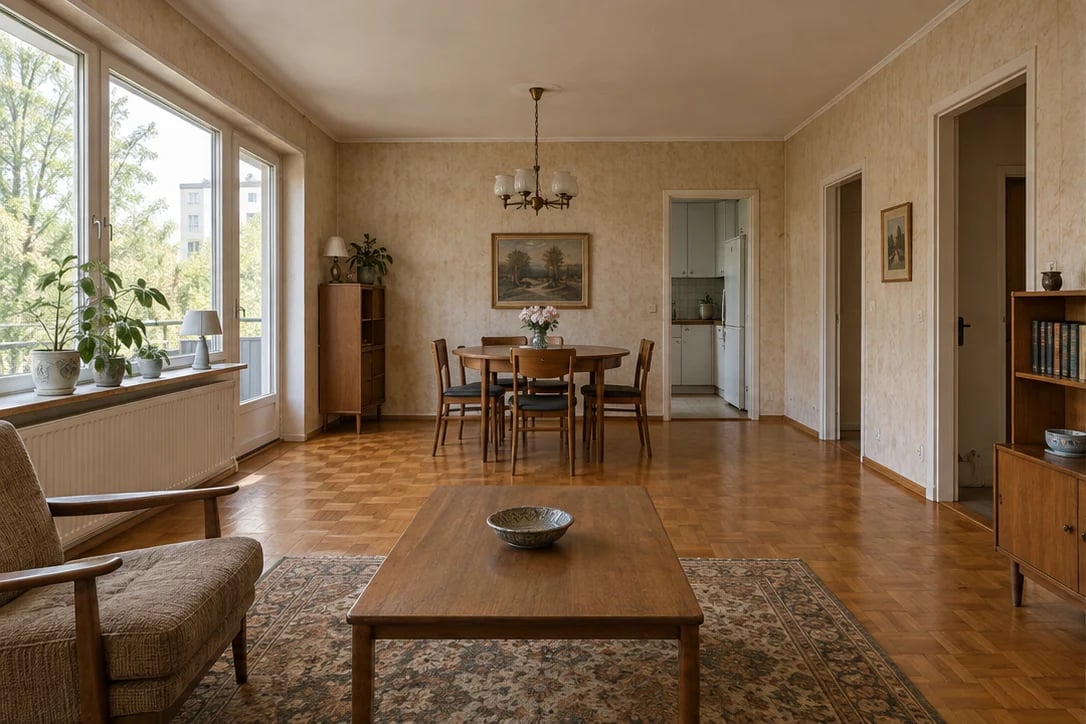 Illustrative living room before renovation, with dated finishes and furnishings.
